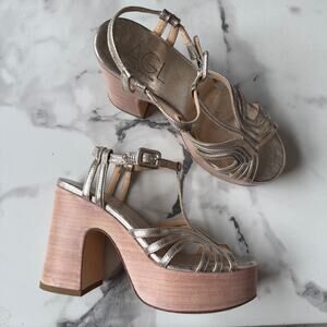 AGL Gold Leather Platform T-Strap Sandals Size EU 36.5